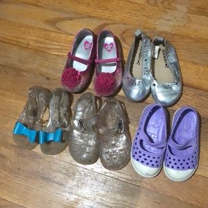 Size 6 shoes: bow sparkle slide, silver slide, bow jelly, jelly, purple rubber